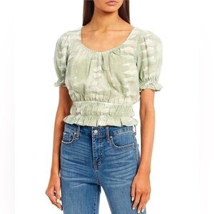 Good Luck Gem Tie Dye Puff Sleeve Peasant Top SZ S Light Green